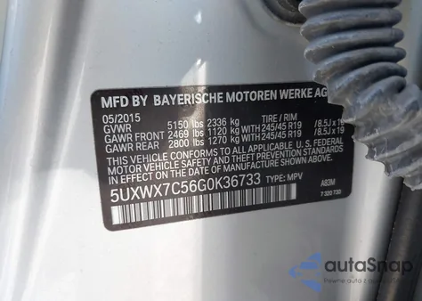 2016 BMW X3 xDrive35I из США, поврежденный, VIN 5UXWX7C56G0K36733